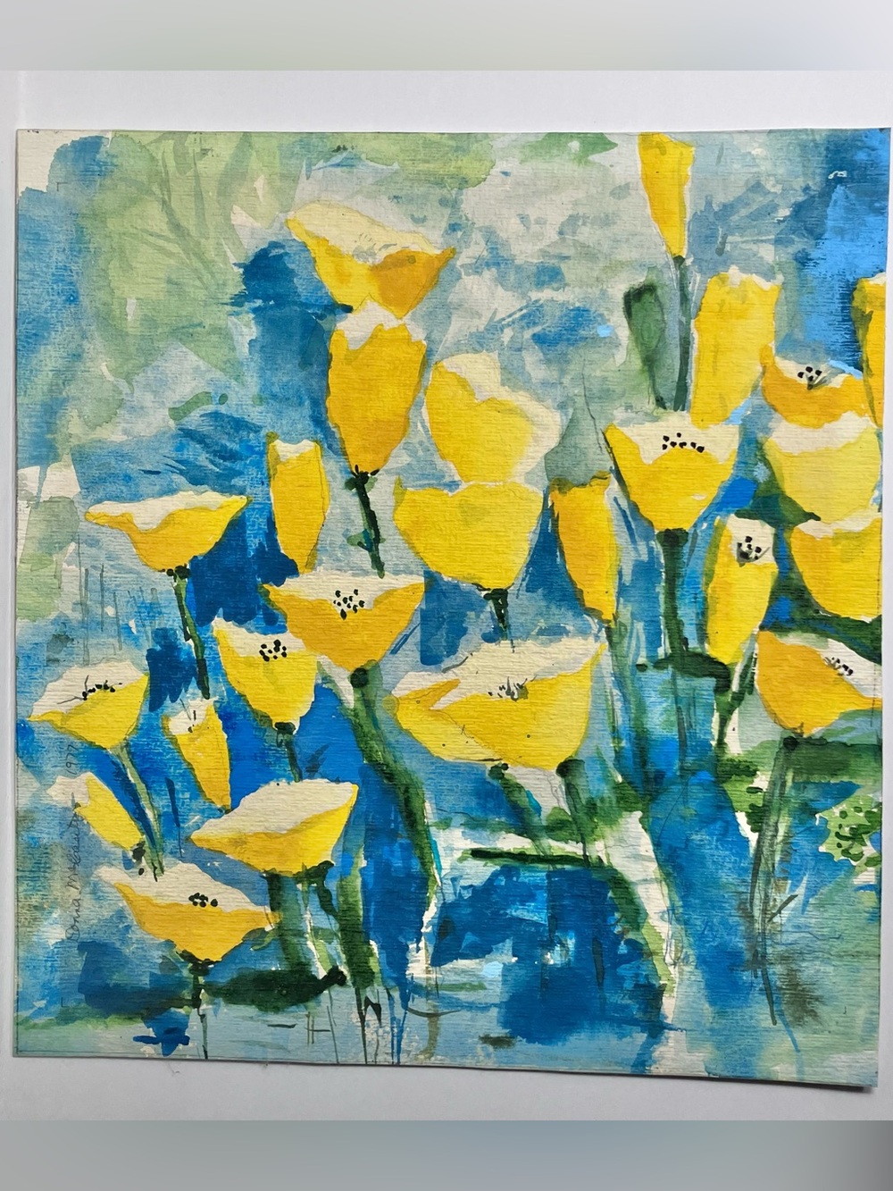 ORIGINAL WATERCOLOR of Yellow Poppies / DONNA McCAULEY? / 12x13 Inches / SIGNED